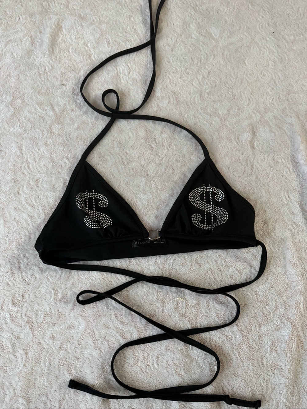 Black Women's Triangle Bikini Top with Rhinestone Dollar Signs